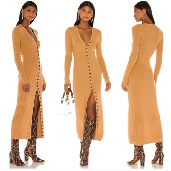 LPA Kavala Maxi Dress Medium Wool Blend Rib Knit Sweater Button Up Tan Revolve - Picture 1 of 11